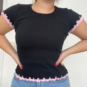 SOLD Black and Pink Lettuce Edge Fringe Layer Top